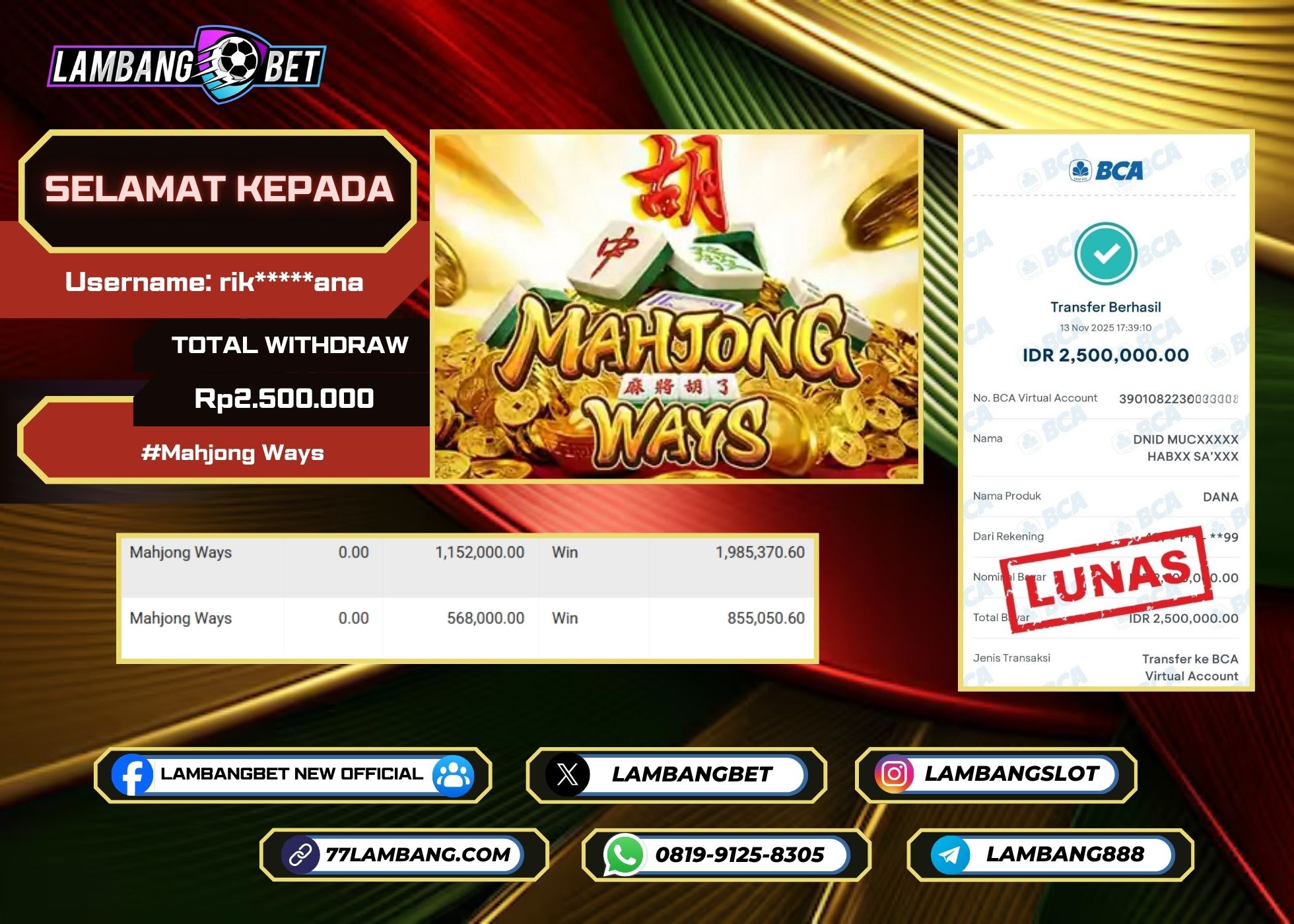 LAMBANGBET [14 NOVEMBER 2025] JACKPOT SLOT Mahjong Ways "Rp2.500.000" LUNAS